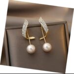 Gold-Plated Pearl Earrings with Cubic Zirconia Leaf Design for Women - Formal Party Earrings - Image 4