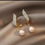Gold-Plated Pearl Earrings with Cubic Zirconia Leaf Design for Women - Formal Party Earrings