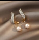 Gold-Plated Pearl Earrings with Cubic Zirconia Leaf Design for Women - Formal Party Earrings