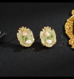 Gold-Plated Oval Earrings with Enamel Rose Design and Pearl Drop for Women - Formal - Image 4