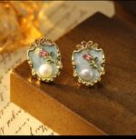 Gold-Plated Oval Earrings with Enamel Rose Design and Pearl Drop for Women - Formal - Image 3