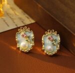 Gold-Plated Oval Earrings with Enamel Rose Design and Pearl Drop for Women - Formal