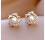 Gold-Plated Pearl Earrings with Cubic Zirconia - Floral Design for Women, Formal Party & Wedding Jewelry