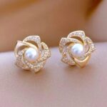 Gold-Plated Pearl Earrings with Cubic Zirconia - Floral Design for Women, Formal Party & Wedding Jewelry