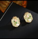 Gold-Plated Oval Earrings with Enamel Rose Design and Pearl Drop for Women - Formal - Image 2