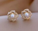 Gold-Plated Pearl Earrings with Cubic Zirconia - Floral Design for Women, Formal Party & Wedding Jewelry - Image 4