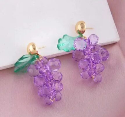 Grape Cluster Earrings with Beaded Purple, Green, and Gold Designs for Women - Fashionable Dangle Earrings for Casual, Party, and Everyday Wear