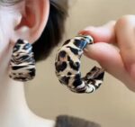 Leopard Print Earrings for Women - Gold Posts, Chunky Hoop Design, Black, White and Brown Animal Print, Casual Party Jewelry Set - Image 3