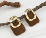 Brown Grid Patterned Earrings with Gold Metal Frame for Women - Fashion Statement for Everyday and Party Occasions