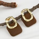 Brown Grid Patterned Earrings with Gold Metal Frame for Women - Fashion Statement for Everyday and Party Occasions