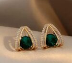 Gold Plated Earrings with Green Stones for Women - Formal with Teardrop Design and White Stones