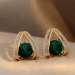 Gold Plated Earrings with Green Stones for Women - Formal with Teardrop Design and White Stones