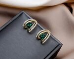 Gold Plated Earrings with Green Stones for Women - Formal with Teardrop Design and White Stones - Image 2
