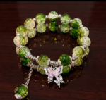 Green Crystal Beaded Butterfly Charm Bracelet - Image 2