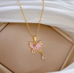 Pink Butterfly Necklace for Women - Gold Plated Pendant with Crystals for Girls Fashion Jewelry