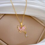 Pink Butterfly Necklace for Women - Gold Plated Pendant with Crystals for Girls Fashion Jewelry