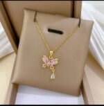 Pink Butterfly Necklace for Women - Gold Plated Pendant with Crystals for Girls Fashion Jewelry - Image 4