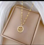 Gold Plated Lucky Charm Pendant Necklace for Women - Round 'Shou' Symbol with CZ Stones - Festive - Image 2