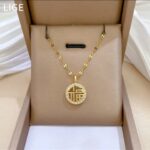 Gold Plated Lucky Charm Pendant Necklace for Women - Round 'Shou' Symbol with CZ Stones - Festive