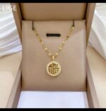 Gold Plated Lucky Charm Pendant Necklace for Women - Round 'Shou' Symbol with CZ Stones - Festive