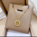 Gold Plated Lucky Charm Pendant Necklace for Women - Round 'Shou' Symbol with CZ Stones - Festive - Image 3