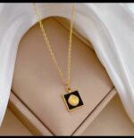 Gold Plated Necklace for Women - Black Square Shell Pendant Chain for & Gift Fashion Jewelry - Image 2