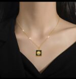 Gold Plated Necklace for Women - Black Square Shell Pendant Chain for & Gift Fashion Jewelry - Image 4