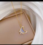 Gold Plated Crescent Moon Necklace with Cubic Zirconia Stones for Women - Fashion Jewelry