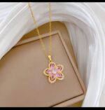 Pink Stone Flower Necklace Set for Women - Gold Plated Artificial Jewellery for Party, Wedding, Festive Occasions - Image 3