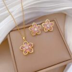 Pink Stone Flower Necklace Set for Women - Gold Plated Artificial Jewellery for Party, Wedding, Festive Occasions