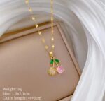 Cherry Necklace Set for Women - Gold Plated Artificial Jewelry with Pink Stones - Fashion Accessories - Image 3