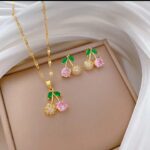 Cherry Necklace Set for Women - Gold Plated Artificial Jewelry with Pink Stones - Fashion Accessories
