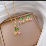 Cherry Necklace Set for Women - Gold Plated Artificial Jewelry with Pink Stones - Fashion Accessories
