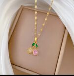 Cherry Necklace Set for Women - Gold Plated Artificial Jewelry with Pink Stones - Fashion Accessories - Image 4
