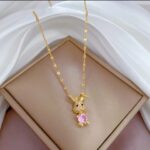 Gold Plated Bunny Necklace for Women - Pink Stone Pendant Chain for Girls Fashion Jewelry