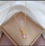 Gold Plated Bunny Necklace for Women - Pink Stone Pendant Chain for Girls Fashion Jewelry