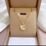 Floral Pendant Necklace for Women - Gold Plated Chain with Pink Clover Design - Fashion Jewellery