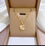 Floral Pendant Necklace for Women - Gold Plated Chain with Pink Clover Design - Fashion Jewellery