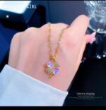 Floral Pendant Necklace for Women - Gold Plated Chain with Pink Clover Design - Fashion Jewellery - Image 2