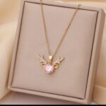 Gold Plated Pendant Necklace for Women with Pink Stone & Deer Horn Design - Fashion Jewellery