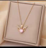 Gold Plated Pendant Necklace for Women with Pink Stone & Deer Horn Design - Fashion Jewellery