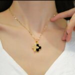 Gold Plated Floral Pendant Necklace for Women - Black Clover Design - Jewellery