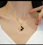 Gold Plated Floral Pendant Necklace for Women - Black Clover Design - Jewellery