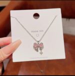 Pink Bow Necklace for Girls: Silver Chain Fashion Jewelry for Women, , Gift for Her - Delicate Pendant Necklace - Image 4