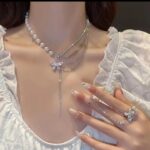 Silver Butterfly Necklace Set with Pearl Chain & Ring for Women, Girls - Fashion Jewelry Gift