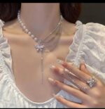 Silver Butterfly Necklace Set with Pearl Chain & Ring for Women, Girls - Fashion Jewelry Gift