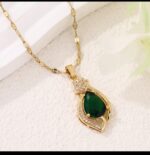 Gold Plated Pendant Necklace with Green Stone for Women, Festive & Wedding Wear Fashion Jewelry - Image 2