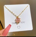 Gold Plated Flower Pendant Necklace for Women - Rose Pink Crystal Chain for Girls Fashion Jewelry - Image 3