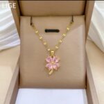 Gold Plated Flower Pendant Necklace for Women - Rose Pink Crystal Chain for Girls Fashion Jewelry