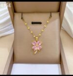 Gold Plated Flower Pendant Necklace for Women - Rose Pink Crystal Chain for Girls Fashion Jewelry